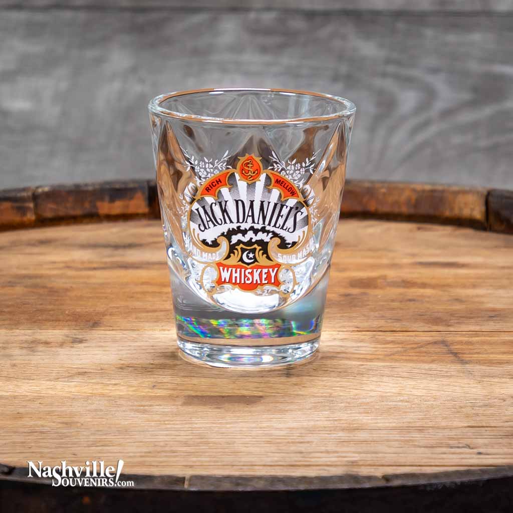 Officially licensed vintage Jack Daniel's "Spade Logo" shot glass is perfect for serving your favorite drink.  This new Jack Daniel's shot glass is one of a series of JD collector shot glasses that feature exact reproductions of vintage Jack Daniel's logos used by the company on their products in days gone by.