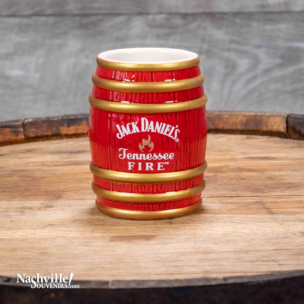 This collectible Jack Daniel's "Tennessee Fire" Shot Glass is a new design for 2022 from Jack Daniel's. It features the Tennessee Fire logo.  It is a 2.5 oz stoneware JD shot glass that has been crafted to resemble their iconic whiskey barrels housed in the famous Lynchburg, TN barrel houses.