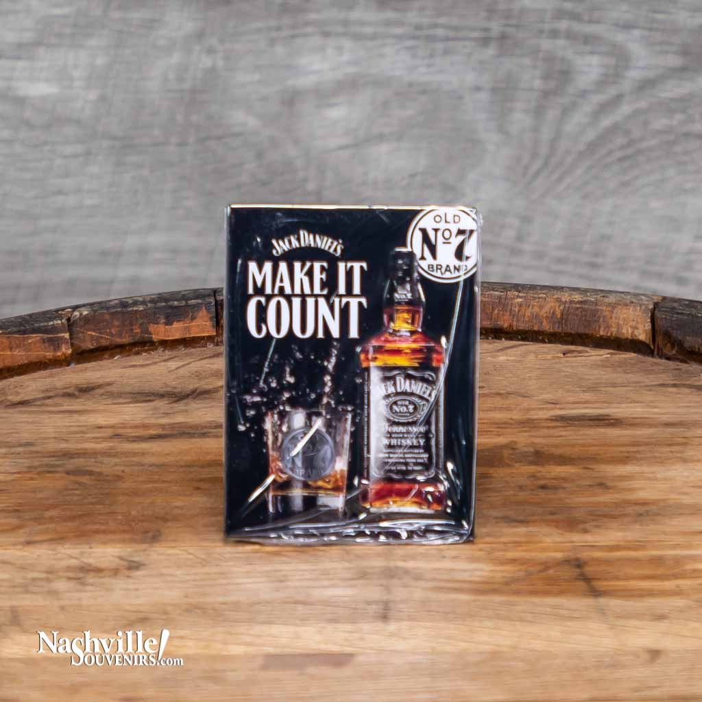 All new Jack Daniel's "JD Make It Count" magnet featuring the Jack Daniel's Old No.7 Brand logo above an image of a bottle of Jack Daniel's beside a JD rocks glass.  This high quality Jack Daniel's magnet adds a touch of Lynchburg class to any metal surface!