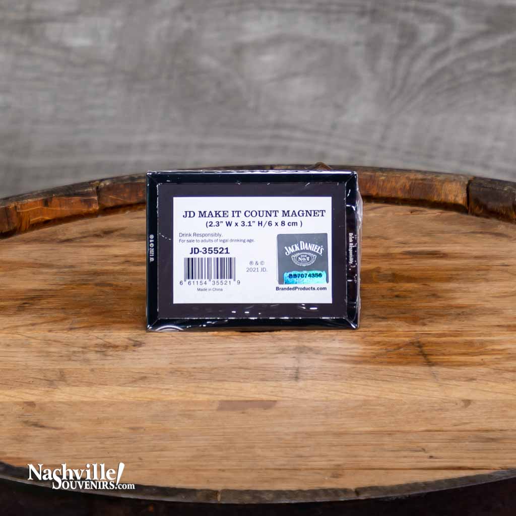 Backside view of an all new Jack Daniel's "JD Make It Count" magnet featuring the Jack Daniel's Old No.7 Brand logo above an image of a bottle of Jack Daniel's beside a JD rocks glass.  This high quality Jack Daniel's magnet adds a touch of Lynchburg class to any metal surface!