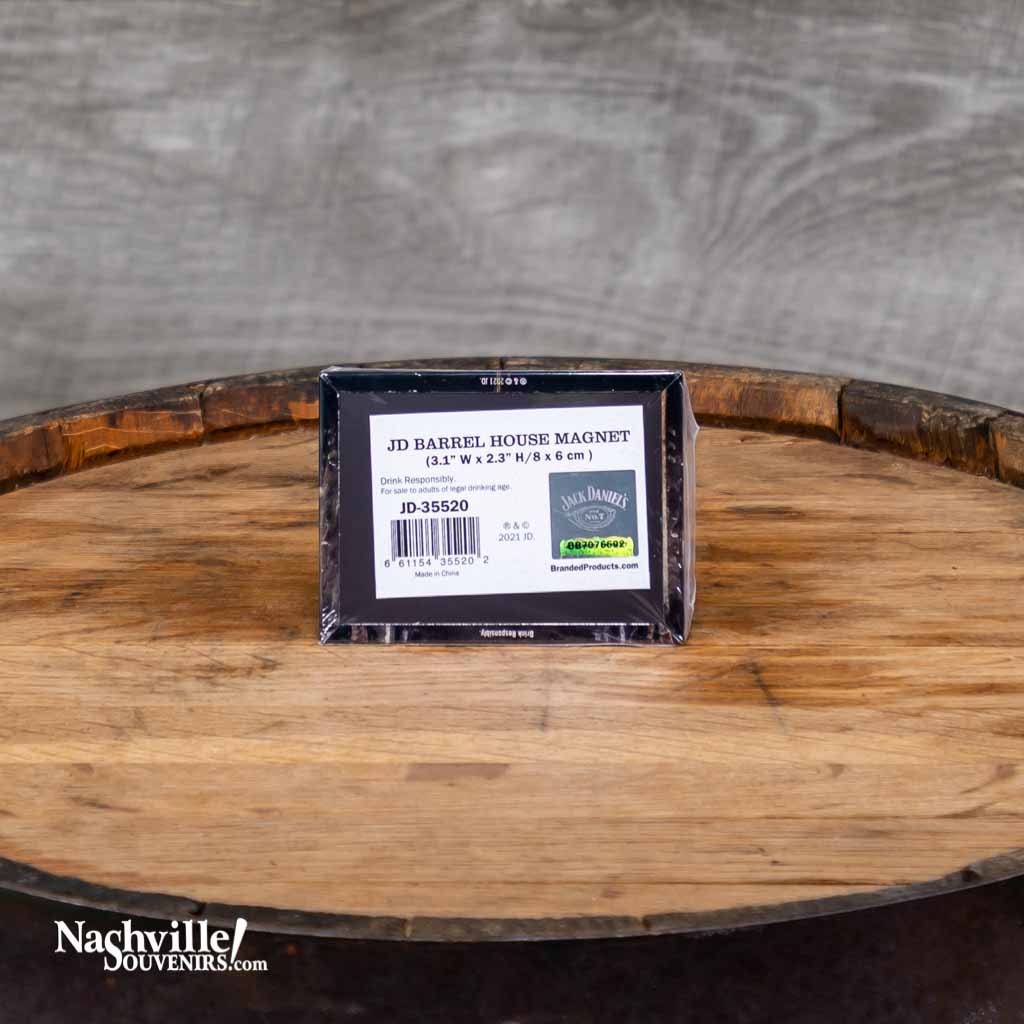 Backside view of an all new Jack Daniel's "JD Barrel House" magnet featuring the Jack Daniel's Swing and Cartouche logo overlaid on an image inside of an actual JD Barrel house at the Jack Daniel's distillery in Lynchburg, Tennessee.  This high quality Jack Daniel's magnet adds a touch of Lynchburg class to any metal surface!