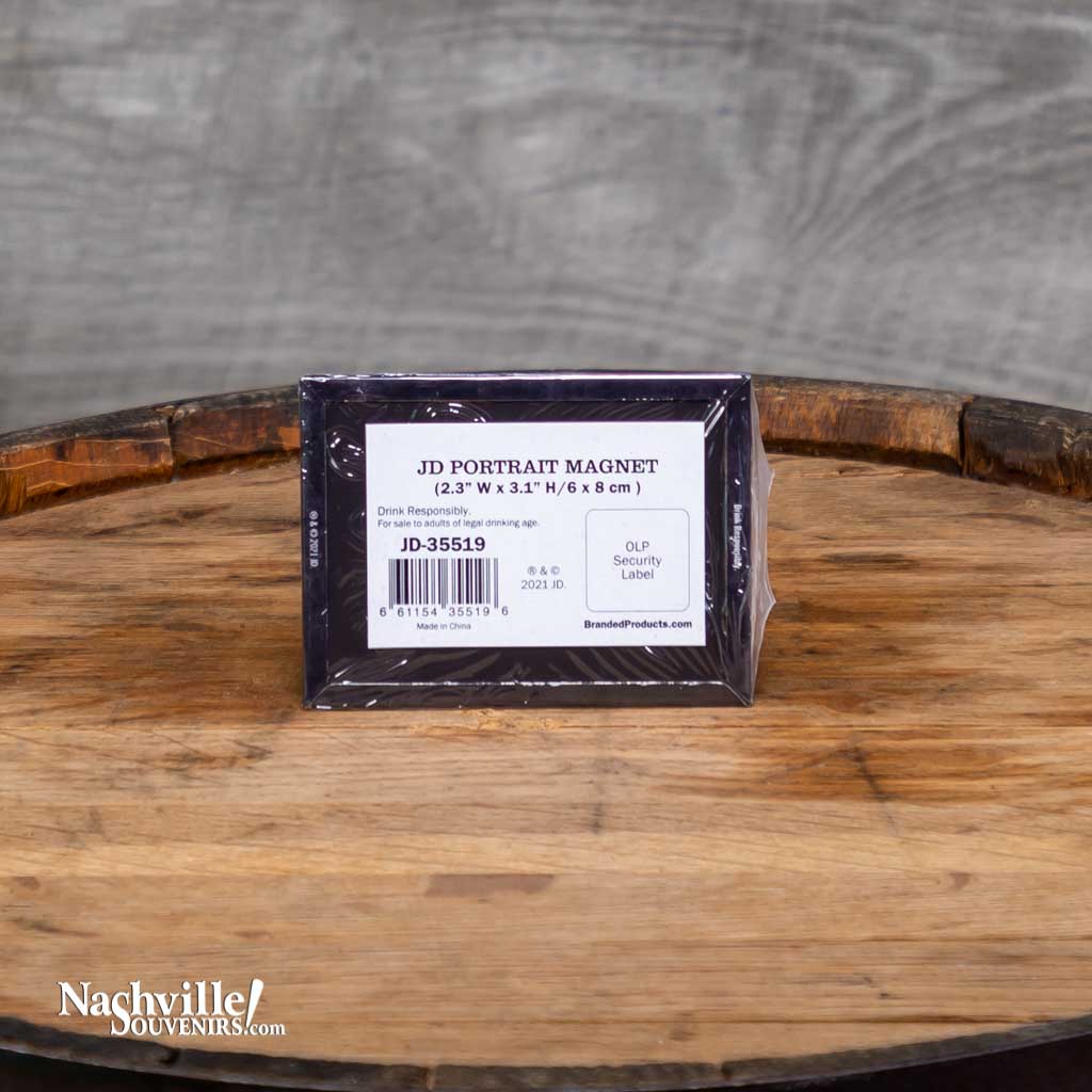 Backside view of an all new Jack Daniel's "JD Bottle Label" magnet featuring an image of the man himself, Mr Jack!  This high quality Jack Daniel's magnet adds a touch of Lynchburg class to any metal surface!