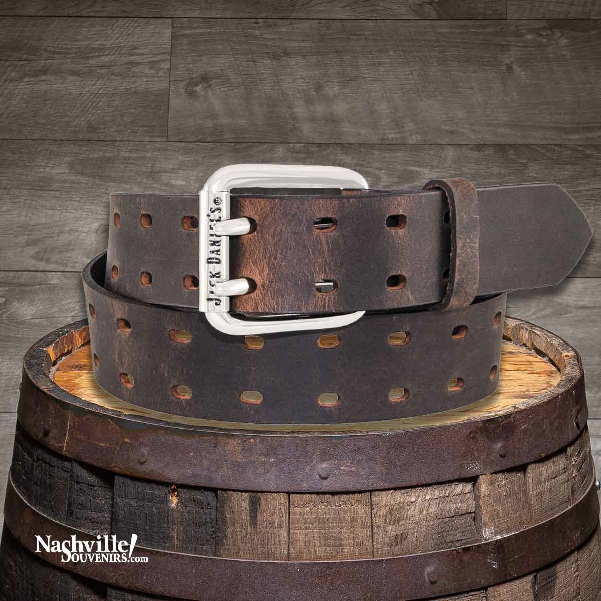 Officially licensed Jack Daniels Double Tongue Buckle Belt in blacker brown full-grain leather. Get yours today with FREE SHIPPING on all US orders over $75!