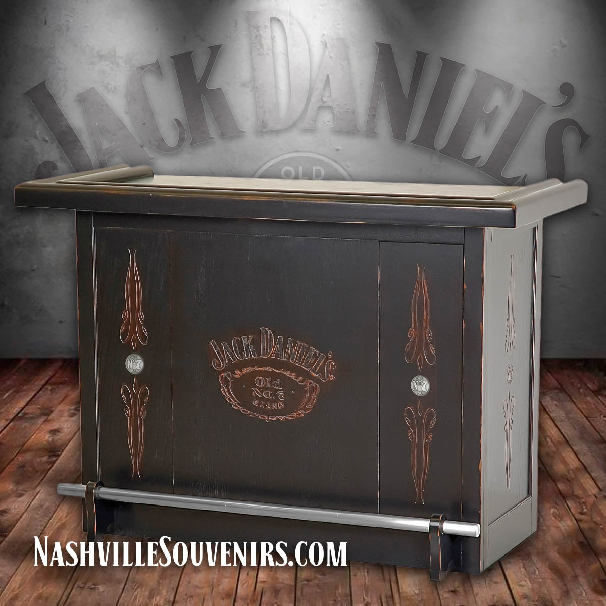 What Jack Daniel's man cave would be complete without a high quality Jack Daniel's home bar? Add some character with this home bar furniture that's hand rubbed in a Tennessee charcoal finish that harkens back to its Jack Daniel's distillery heritage in Lynchburg, Tennessee.