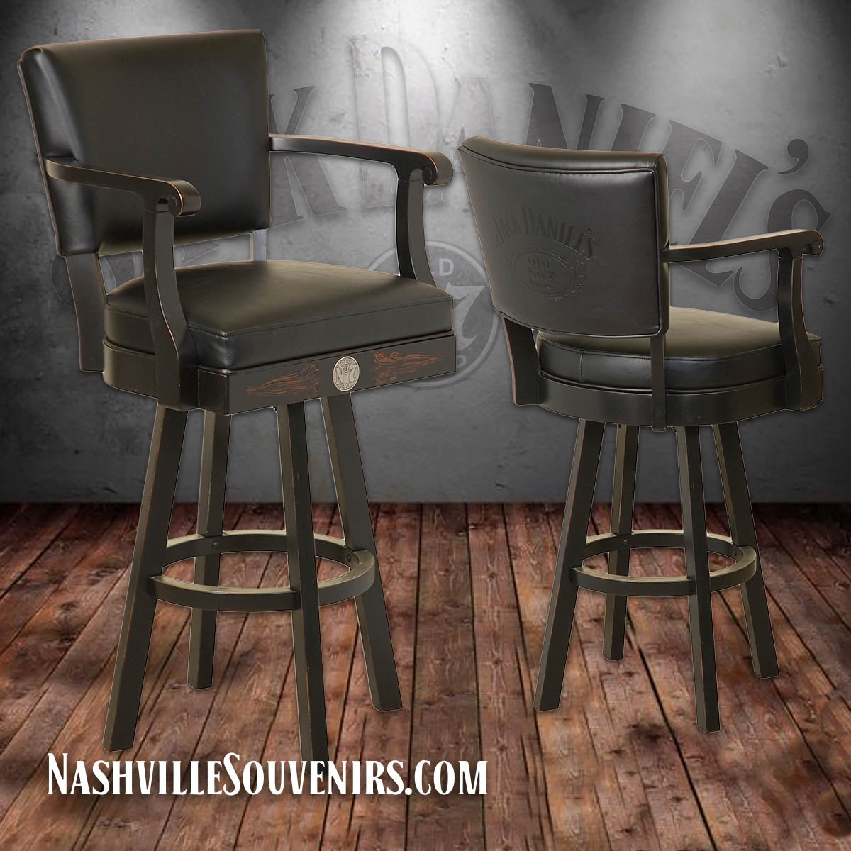 This licensed Jack Daniel's bar stool with backrest is a great place to park yourself while sipping your Tennessee whiskey.  The Jack Daniel's swivel bar stool is hand rubbed in a Tennessee charcoal finish that is sure to add some Jack Daniel's class to your home bar or rec room.
