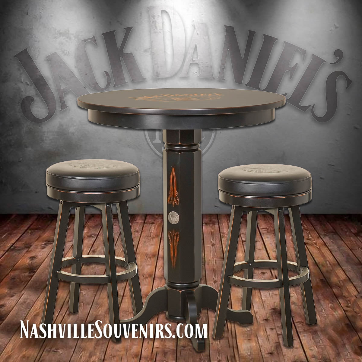 This officially licensed Jack Daniel's bar table table and stool set is a great addition to your home bar.  The Tennessee charcoal finish on the Jack Daniel's bar table adds some Jack Daniel's class to your home bar or rec room. The table features a pedestal base with four contoured feet. The base boasts Old No.7 Brand pewter medallions.