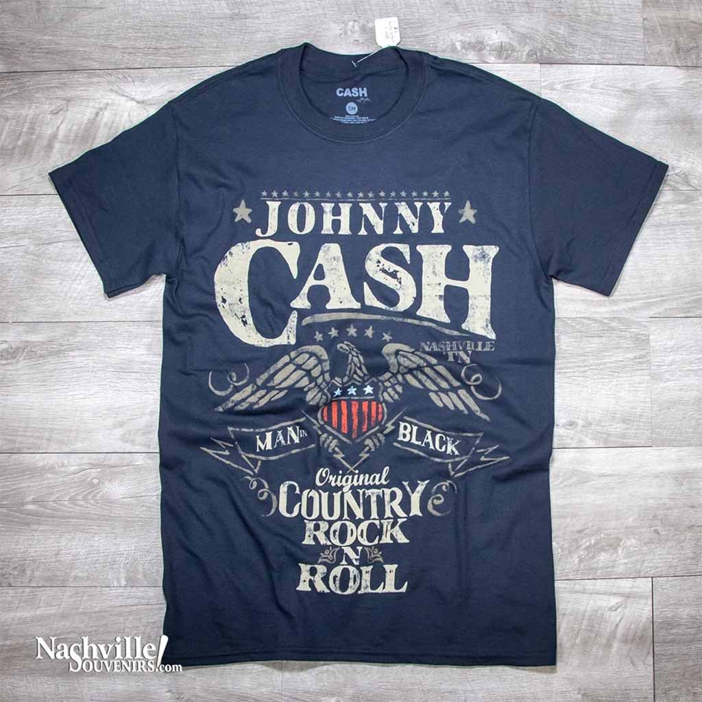 The Johnny Cash Country Rock and Roll T-shirt is of course black! But it has a great logo featuring a big, bold Johnny Cash in light brown color.