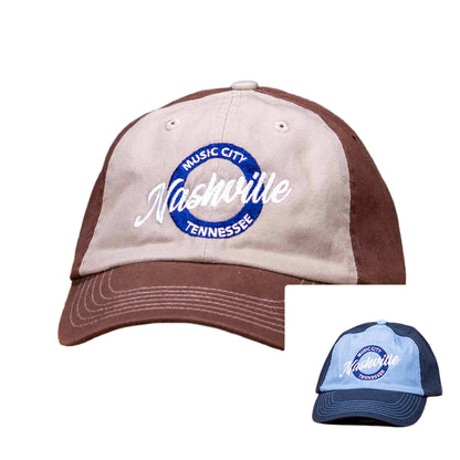 New embroidered Nashville hats feature a big two toned embroidered "Nashville" logo in white and blue surrounded by the words "Music City Tennessee" in the background.  This embroidered Nashville hat is available in two different color combinations of either blue or brown color designs.