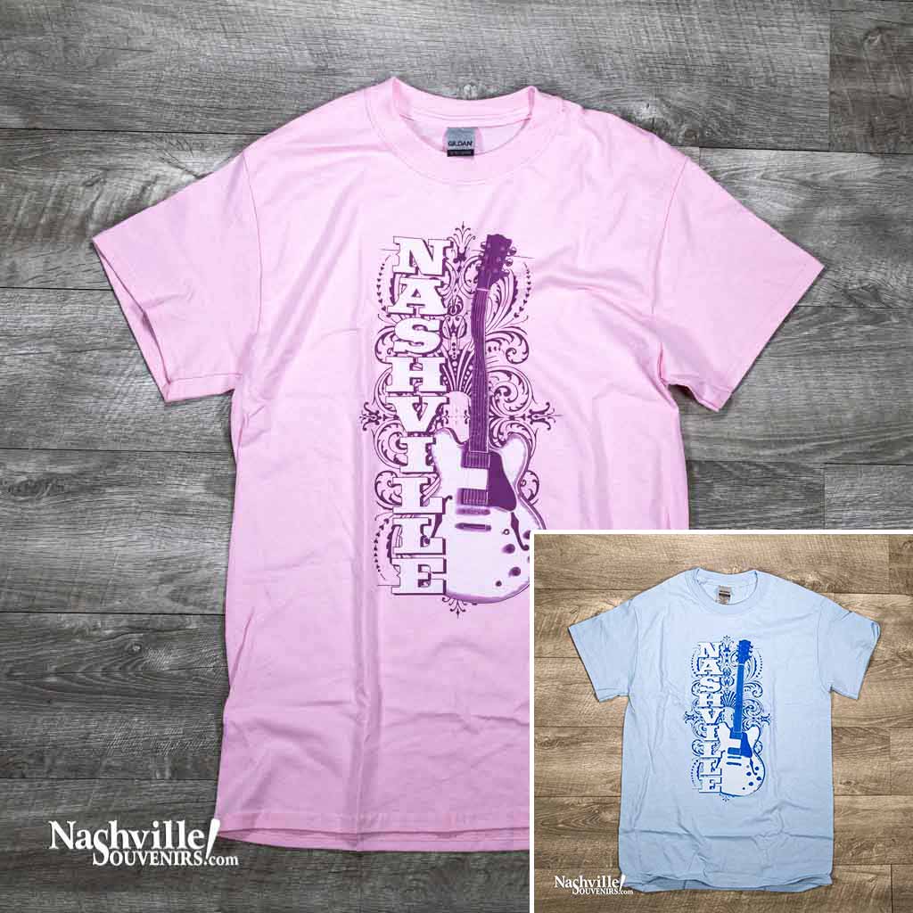 Nashville Guitar t-shirts feature a large Nashville alongside an electric guitar. There is a nice filigree pattern in the background as well.