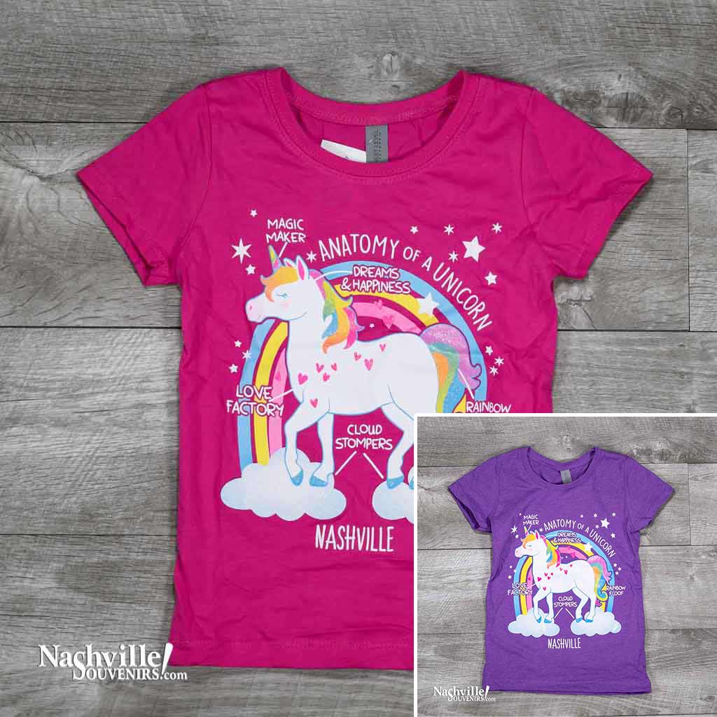 A colorful and very sparkly design that reads, " Anatomy of a Unicorn Nashville" T-Shirt. A Flying horse with gold glitter design and matching stars on a bright pink or purple t-shirt.