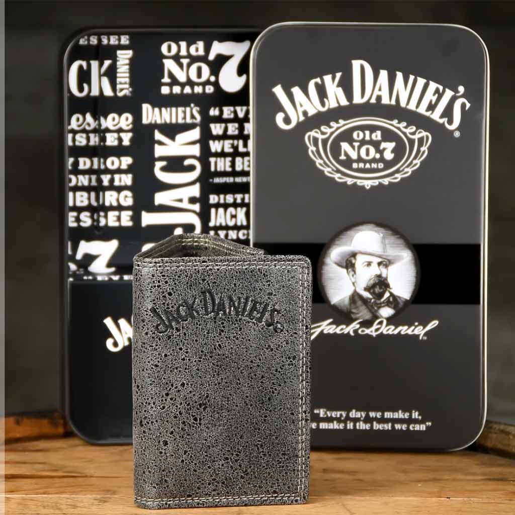 Jack Daniel's leather trifold billfold in dark gray color.